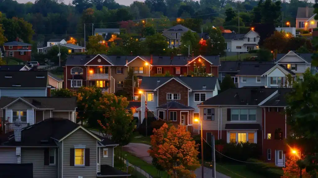 a vibrant cityscape of newark, ohio, showcases a charming and well-maintained residential property with satisfied tenants enjoying their surroundings, bathed in warm evening light.