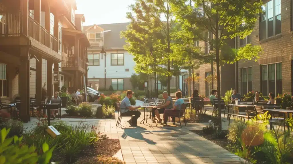 a vibrant urban scene in newark, ohio, showcasing a friendly local property manager engaging with a diverse group of tenants in a sunlit community courtyard, symbolizing trust, accessibility, and collaboration.