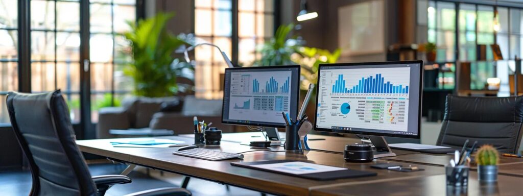 a modern property management office showcases a sleek workstation with multiple screens displaying graphs and charts of market trends, while a meeting table is set for a discussion on tenant screening and maintenance strategies, emphasizing the importance of preventative measures in enhancing property values.